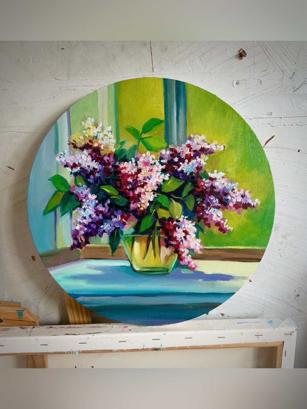 Lilacs by the Window | Original Oil Painting | 14x14 Round Canvas